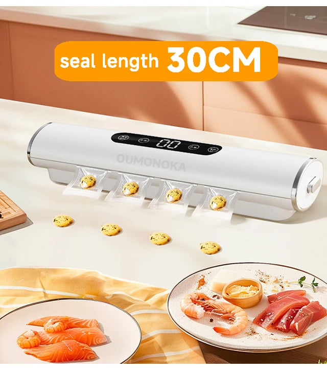 Vacuum sealer with a seal length of 30CM on a kitchen counter with food items around.