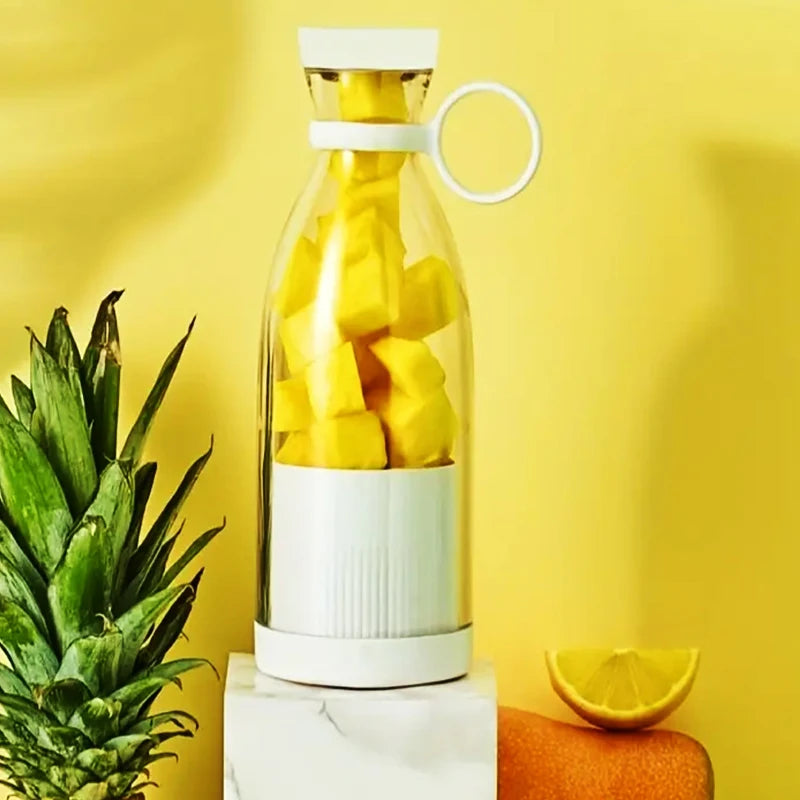 Clear bottle with pineapple pieces on a yellow background