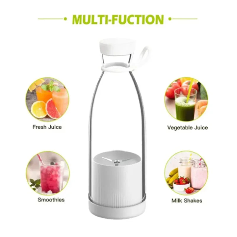 Clear carafe with white lid on a white background, featuring images of fresh juice, vegetable juice, smoothies, and milkshakes.