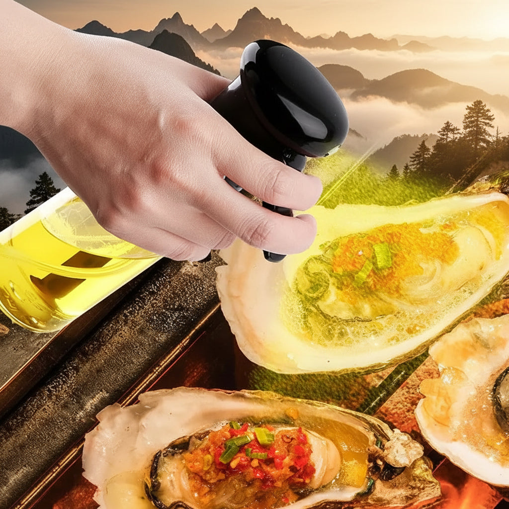 Person seasoning oysters with a bottle of oil on a grill.