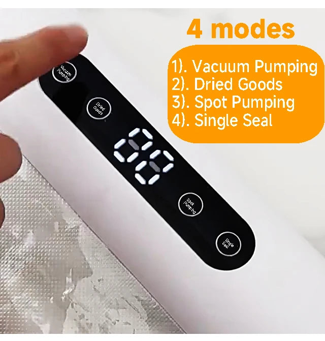 Hand holding a vacuum sealing device with digital display and mode selection buttons, on a white background.