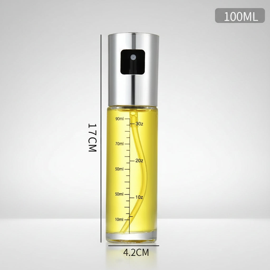 Spray bottle with yellow liquid and measurements on a white background