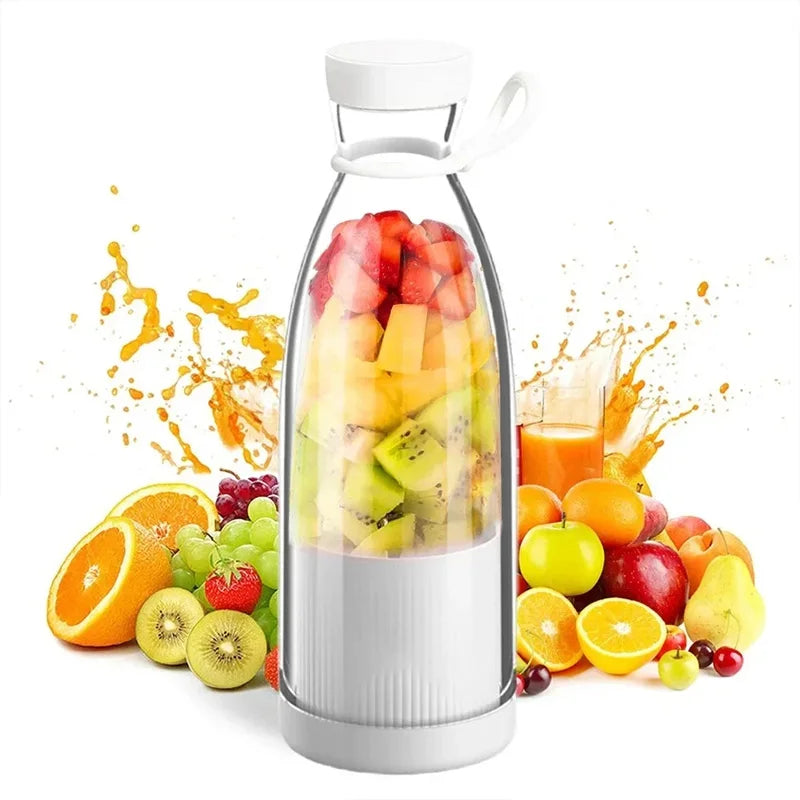 Fruit blender with fruits inside, surrounded by more fruits and a glass of juice on a white background