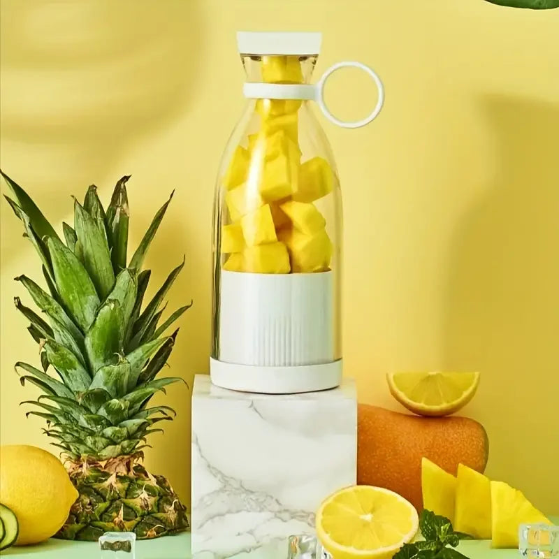 Glass bottle with pineapple and lemon slices on a yellow background