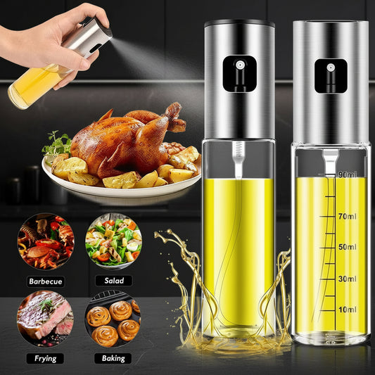 Oil sprayer with a plate of roasted chicken and various food items, indicating its use in cooking.