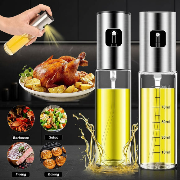 Oil sprayer with a plate of roasted chicken and various food items, indicating its use in cooking.