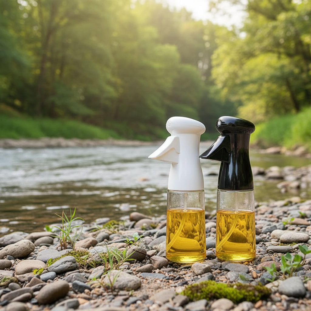 Two atomizing oil spray bottles with different nozzles on a blue background.