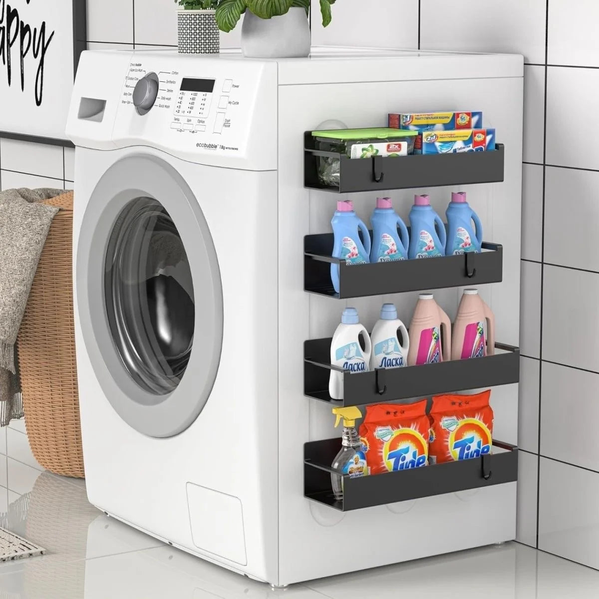 Laundry room with a washing machine and a storage rack holding cleaning supplies.