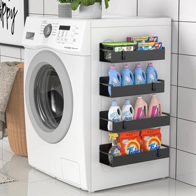 Laundry room with a washing machine and a storage rack holding cleaning supplies.