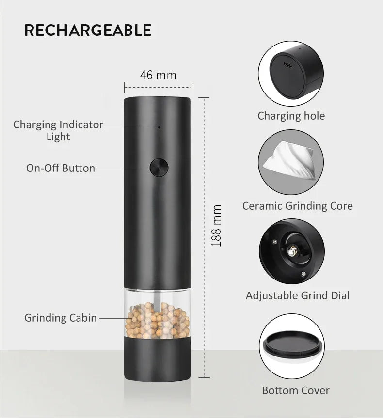 Black rechargeable pepper grinder with labeled parts on a white background