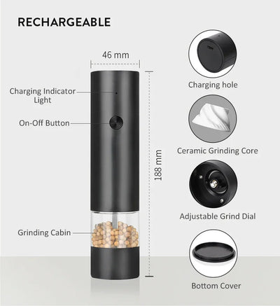 Black rechargeable pepper grinder with labeled parts on a white background