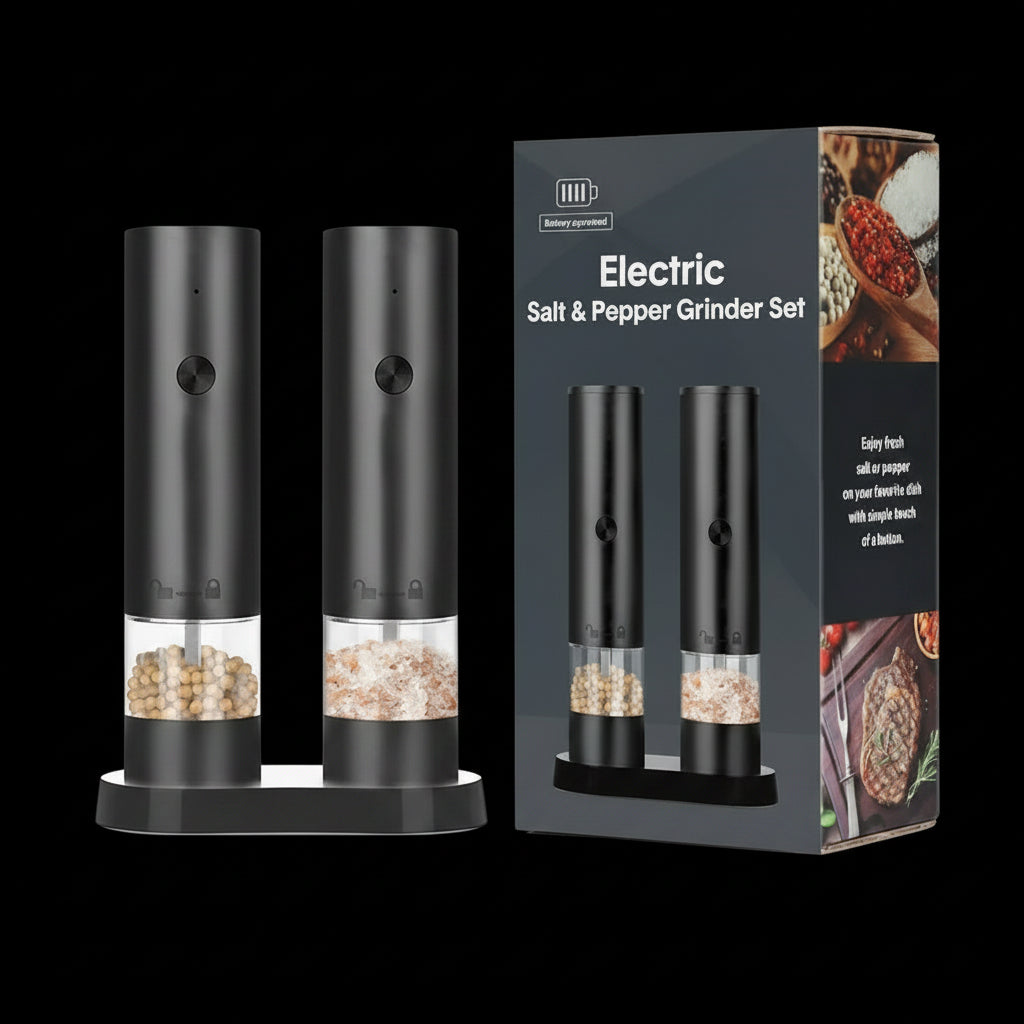 Electric salt and pepper grinder set with packaging on a white background
