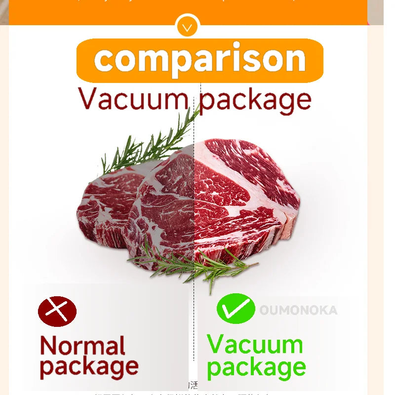 Comparison between normal and vacuum package of raw meat with rosemary, branded 'OUMONOKA'.