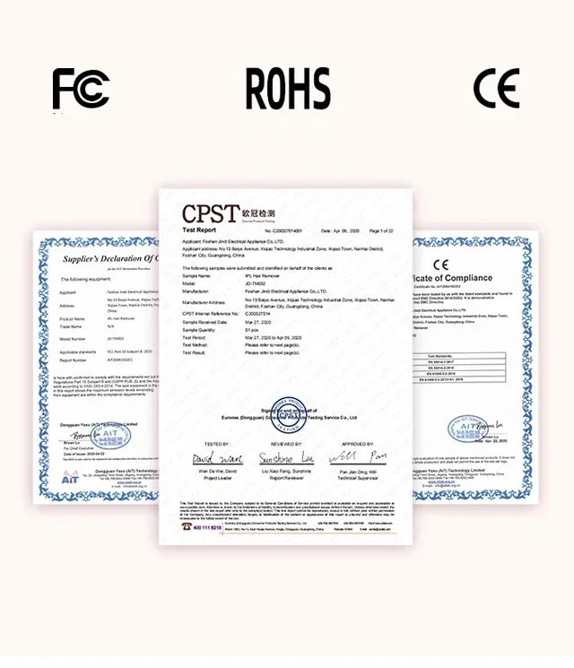 Certification documents with FCC, ROHS, and CE logos on a white background
