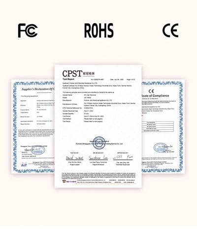 Certification documents with FCC, ROHS, and CE logos on a white background