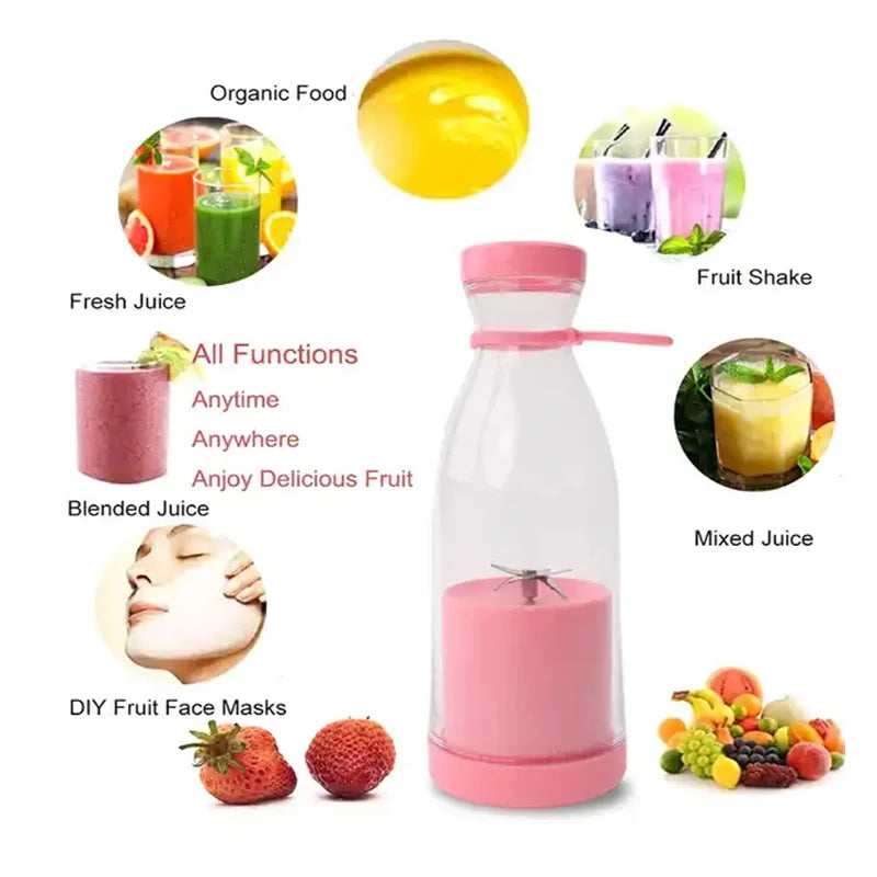 Pink and clear juice blender with images of juice types and benefits on a white background