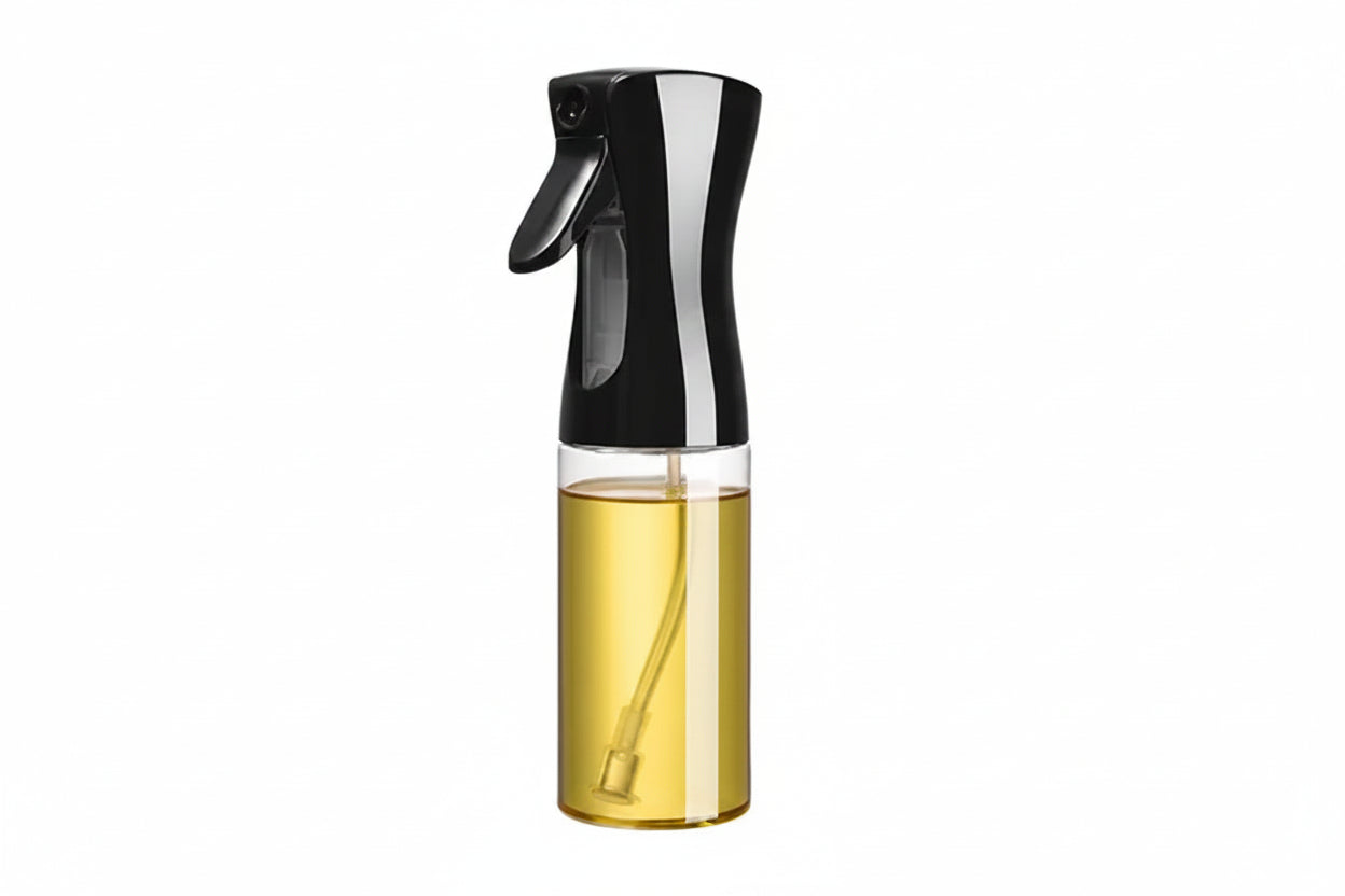 Spray bottle with black nozzle and clear body containing oil, labeled '300ml' on a white background.