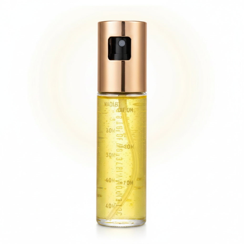 Yellow spray bottle with a rose gold nozzle on a white background