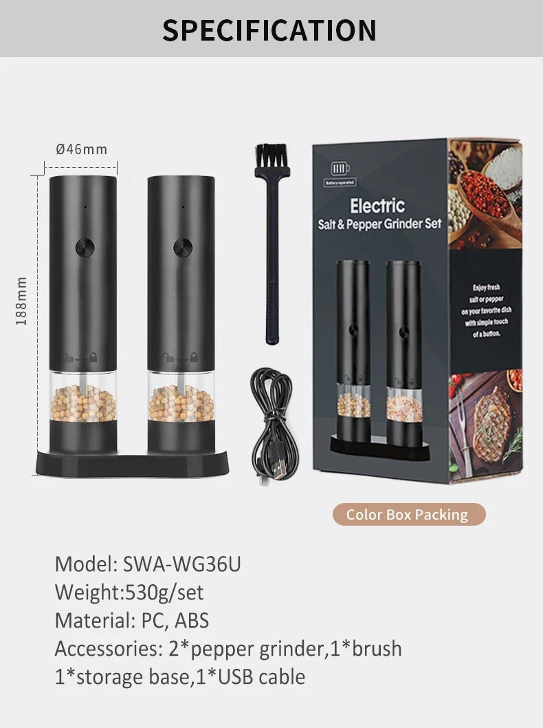 Rechargeable Electric Salt & Pepper Grinder - Adjustable Coarseness