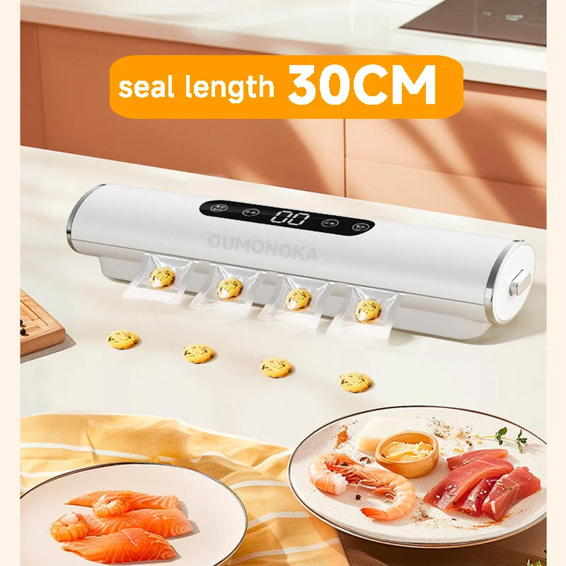 Vacuum sealer with a seal length of 30CM on a kitchen counter with food items.