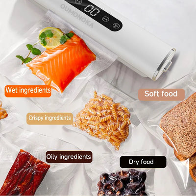 Vacuum sealer with various food items labeled on a white background