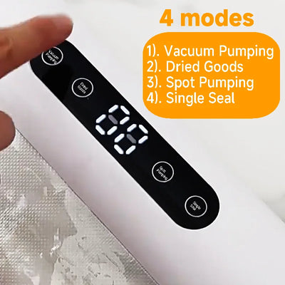 Hand holding a device with digital display and mode buttons, showing vacuum pumping and other functions.