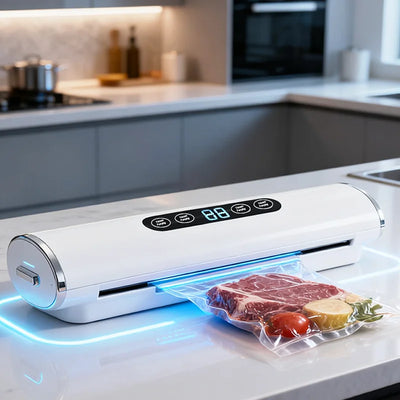 Vacuum sealer packaging food on a kitchen counter