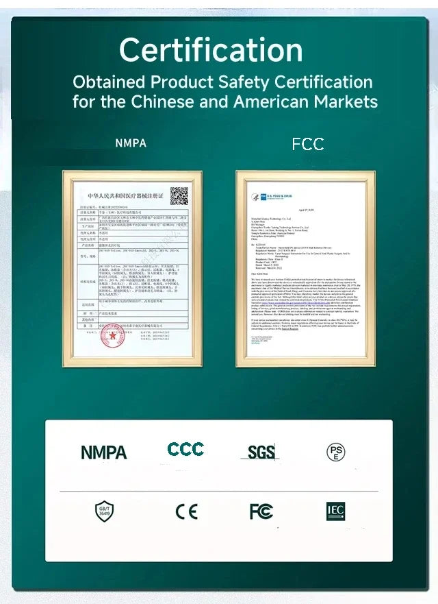 Product safety certification certificates for NMPA, FCC, CCC, SGS, and other standards on a green background.