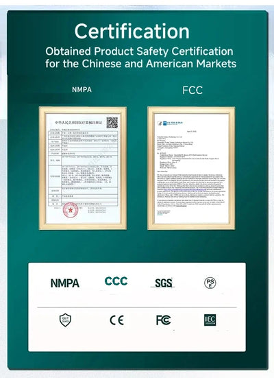 Product safety certification certificates for NMPA, FCC, CCC, SGS, and other standards on a green background.