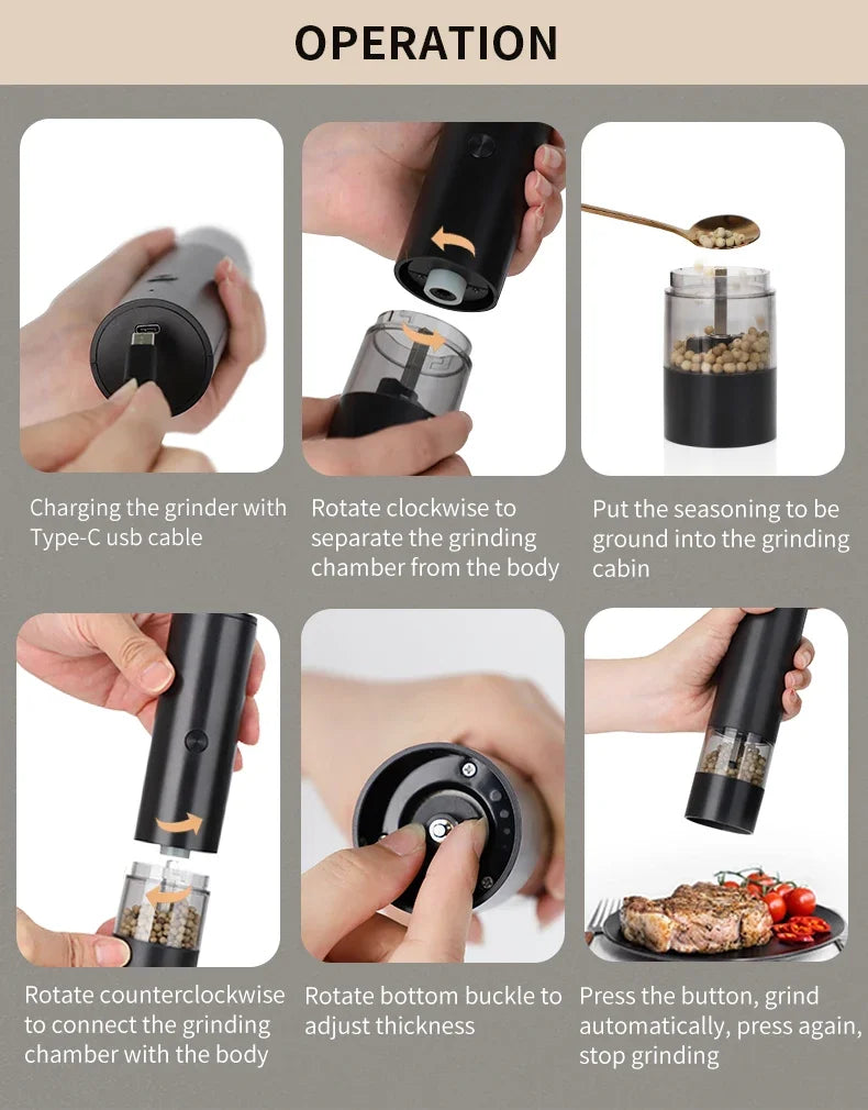 Step-by-step instructions for using a pepper grinder with images of hands performing actions.