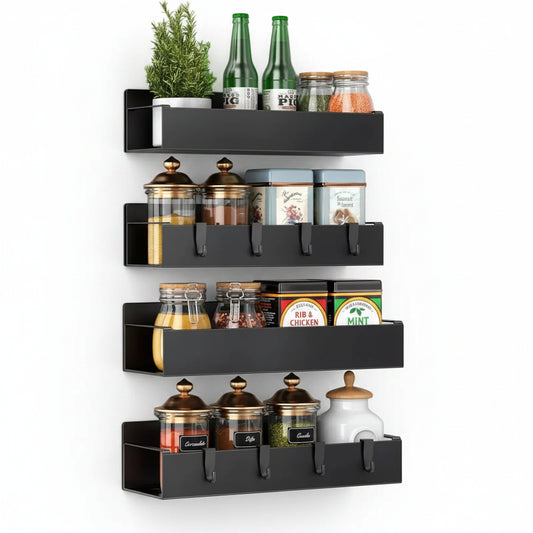 Black wall-mounted spice rack with various jars and containers against a white refrigerator.