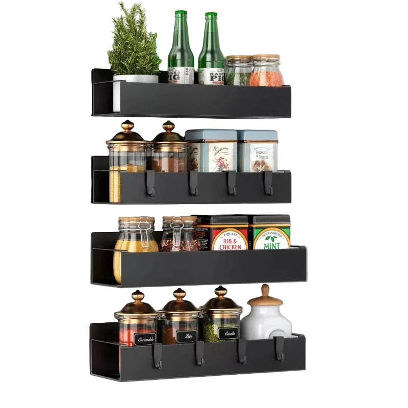 Black wall-mounted spice rack with various jars and containers against a white refrigerator.