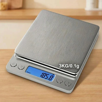 Digital kitchen scale on a wooden surface with a blurred background