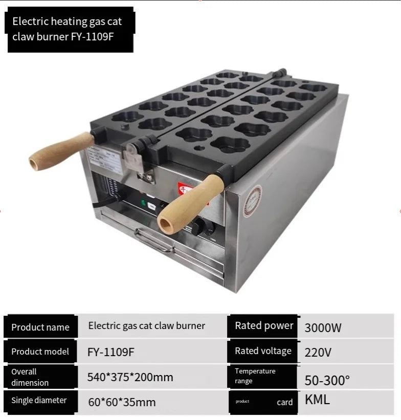 An electric heating gas cat claw burner (model FY-1109F) shown on a white background with a technical specification table overlay at the bottom. The device features a stainless steel body, a black multi-cavity mold, and two light wood handles.