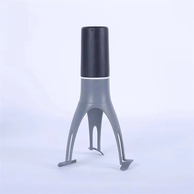 Black and gray cylindrical device with tripod-like legs on a light blue background
