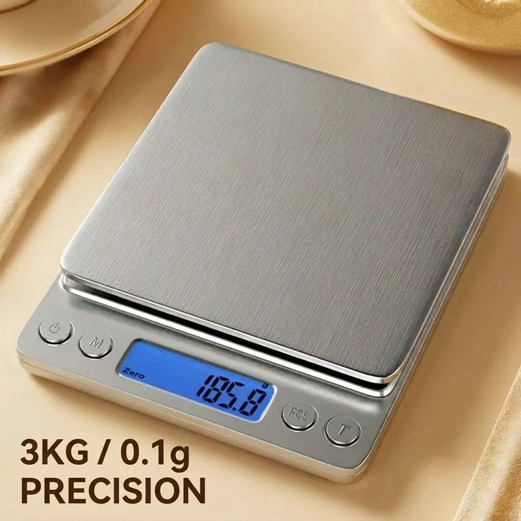 Digital kitchen scale with digital display on a beige background