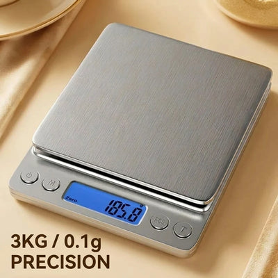 Digital kitchen scale with digital display on a beige background