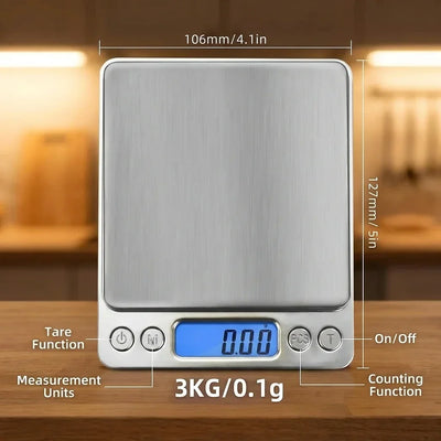 Digital kitchen scale with measurement details on a wooden surface