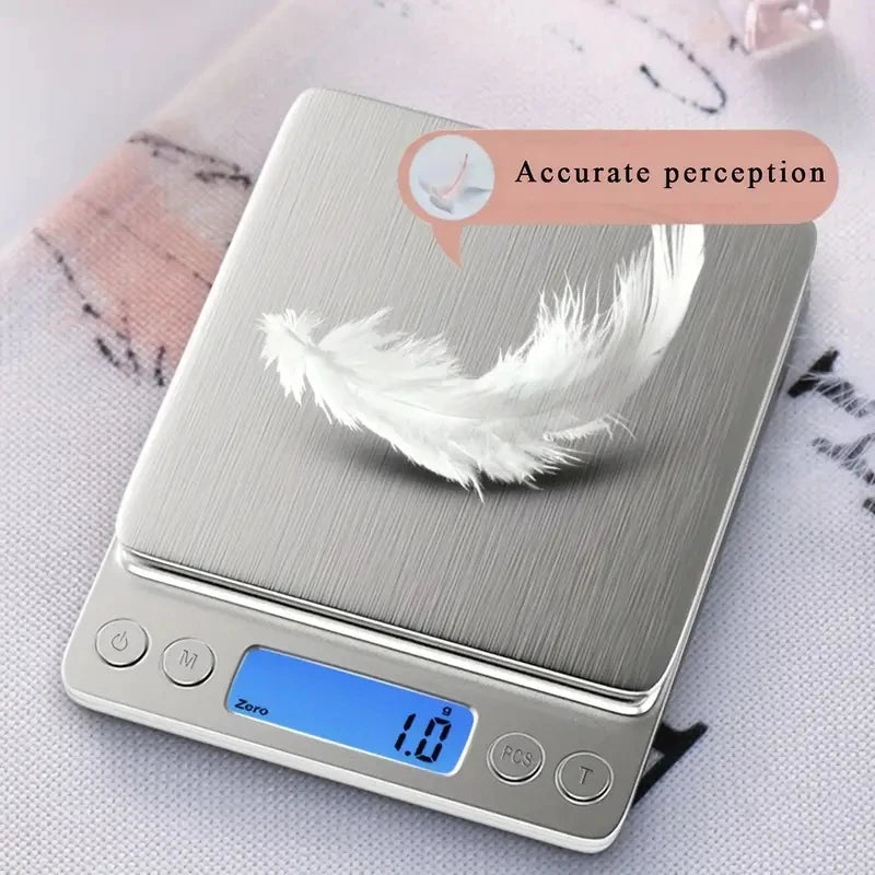 Digital scale with a feather on it, displaying 'Accurate perception' text.