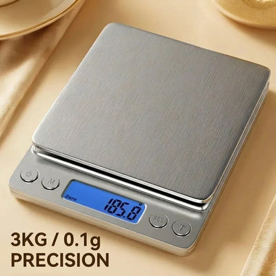 Digital kitchen scale with digital display on a beige background