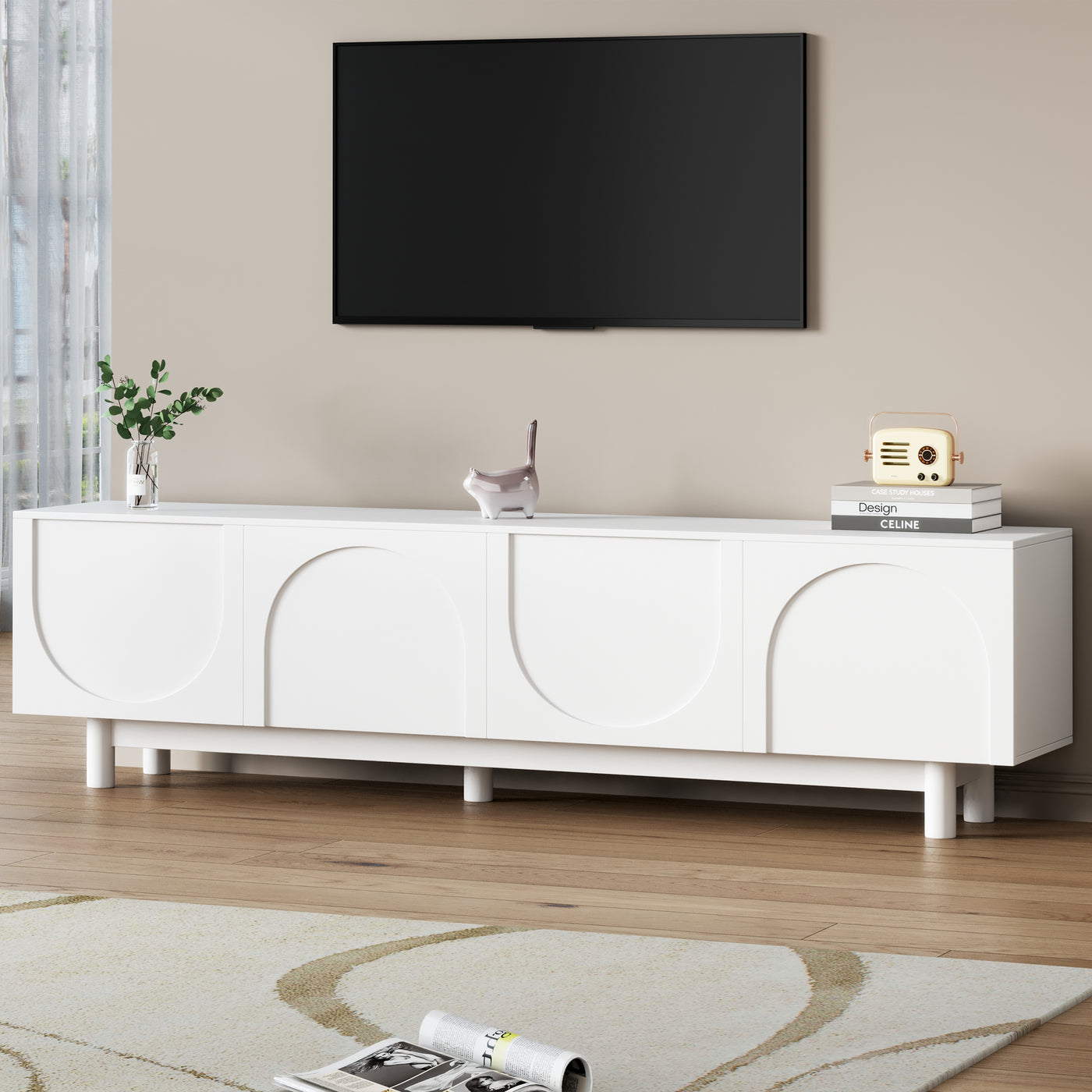 Minimalist White TV Stand with Arch Cabinets for TVs Up to 78"