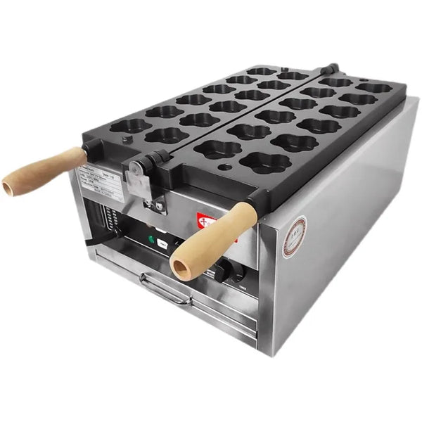 A stainless steel and black electric waffle maker machine with two wooden handles, shown on a plain white background.