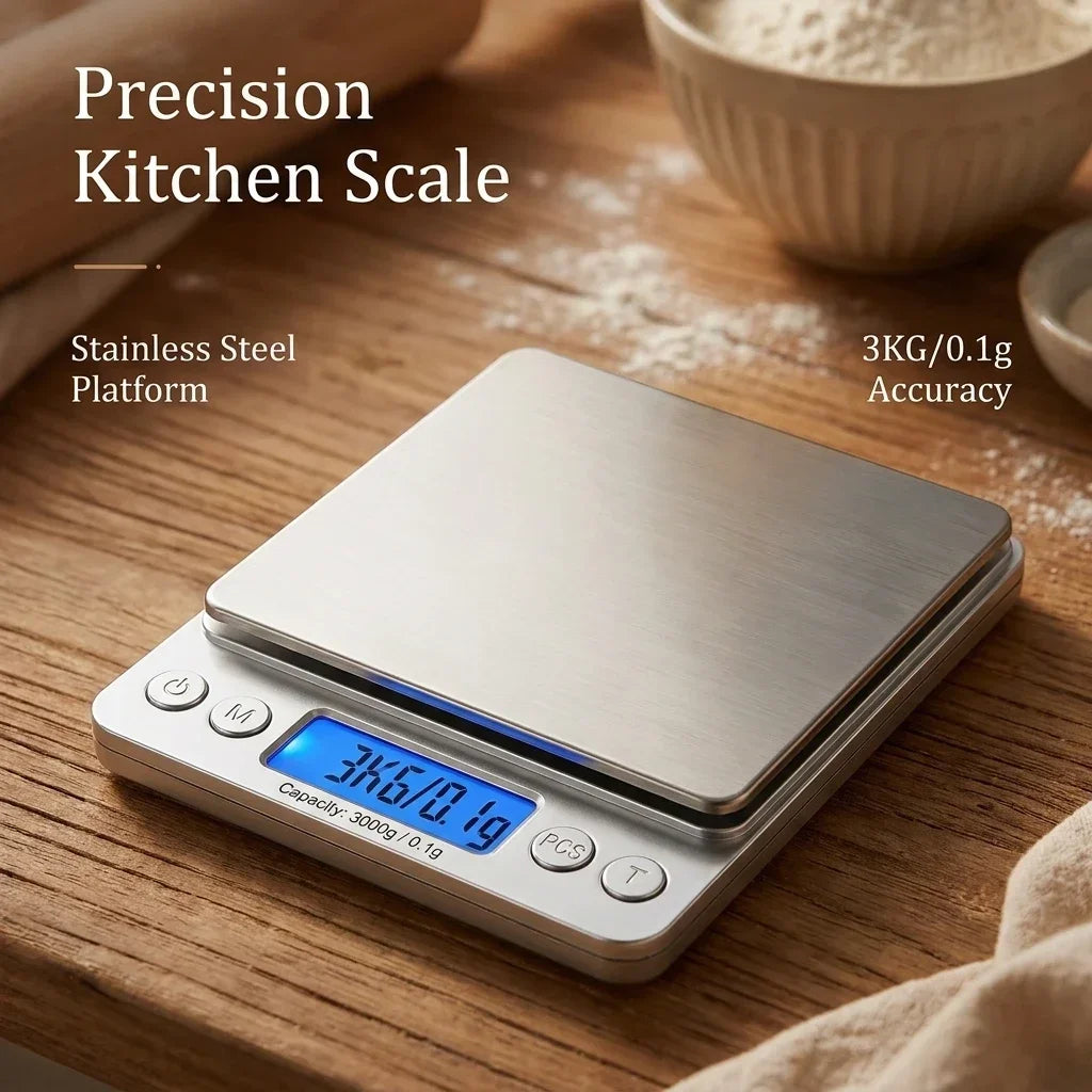 Precision kitchen scale on a wooden surface with flour and a bowl in the background