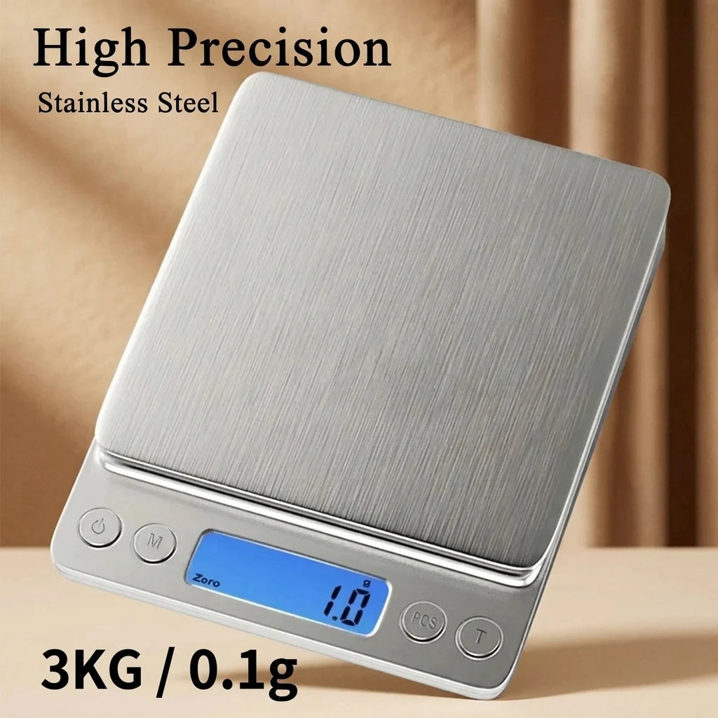 High precision stainless steel digital scale with a beige background