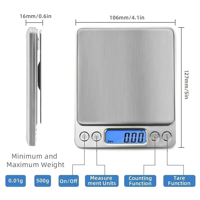 Digital pocket scale with dimensions and feature labels on a white background